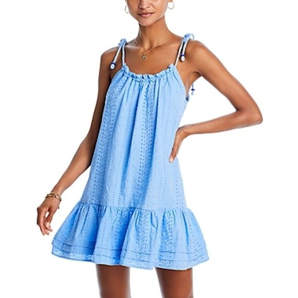 Poupette St Barth Mini Dress Womens Medium Light Blue Billie Eyelet Ruffle - Picture 1 of 12